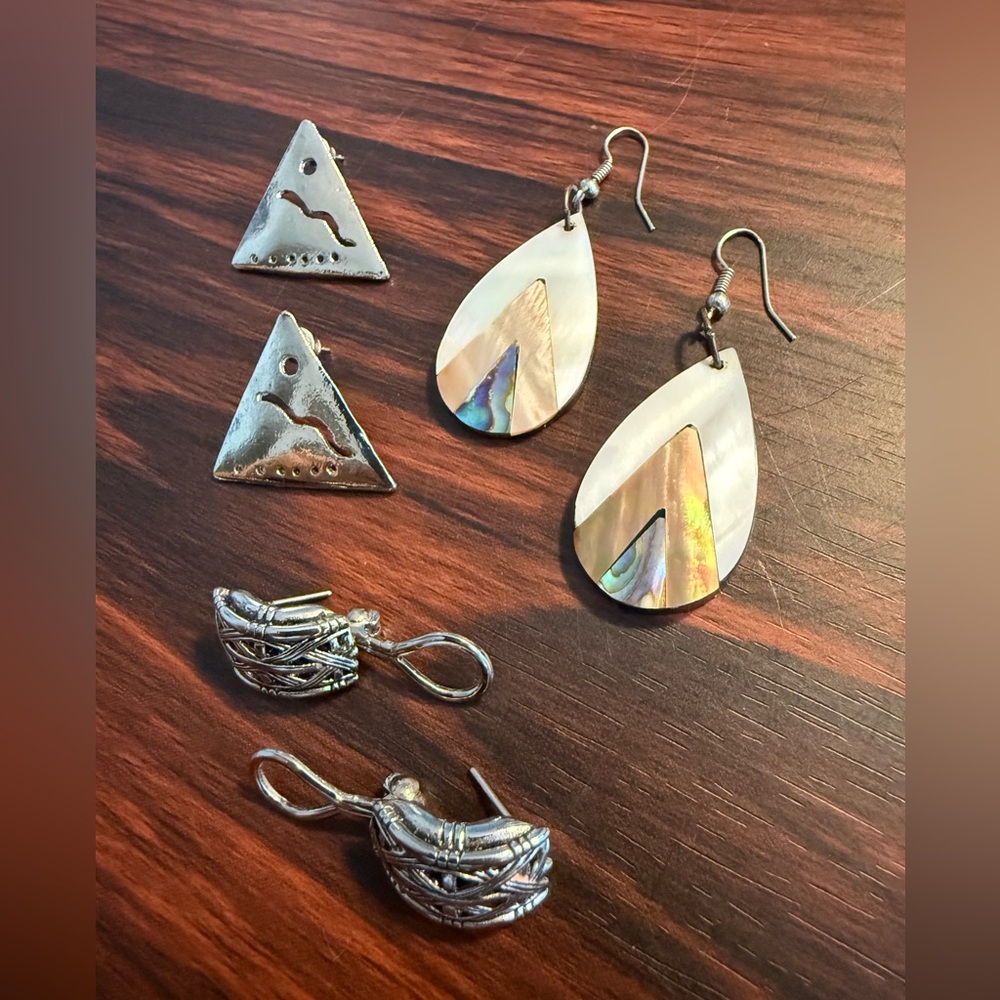 3 Pair Costume Earring Bundle Artsy Silvertone Dangle Abalone Mother Of Pearl